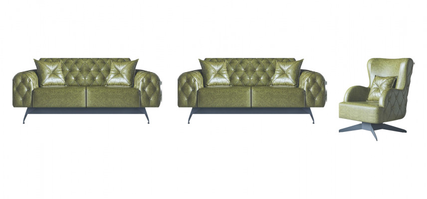 Sofa-Set Chesterfield 3-Sëtzer 2-Sëtzer Lieder Holz Fotel Gréng Klassesch