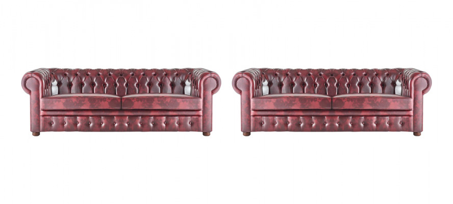 Chesterfield 3-Sëtzer Bordeaux Canapé Couches Klassesch Ledercouch Holz 2tlg
