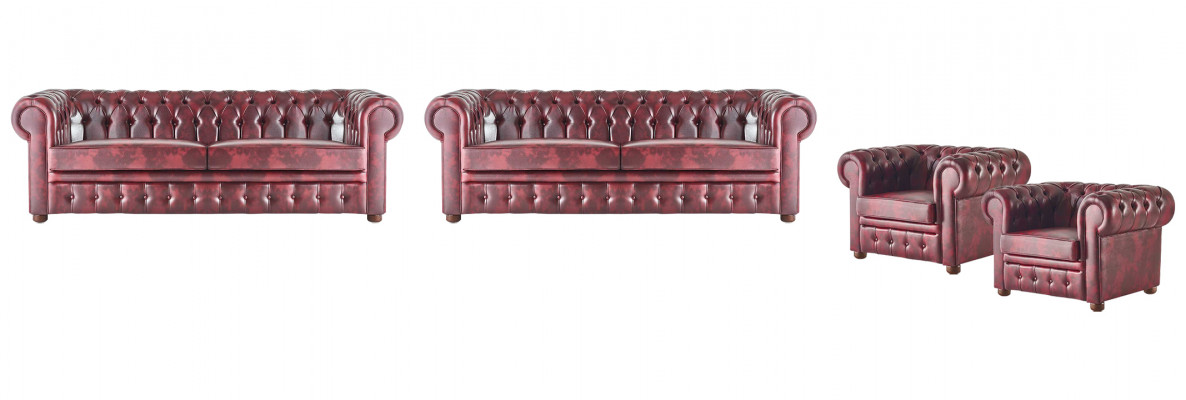 Ledersofa Set 3-Sëtzer Sesselleeën Bordeaux Chesterfield Polstersofa Lieder 4tlg