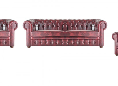 Ledersofa Set 3-Sëtzer Sesselleeën Bordeaux Chesterfield Polstersofa Lieder 4tlg