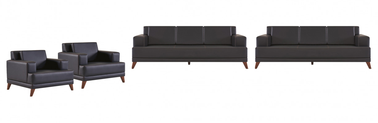 Ledercouch-Komplettset 3-Sëtz Sofa Stull Schwaarz Polster Këssen Modern
