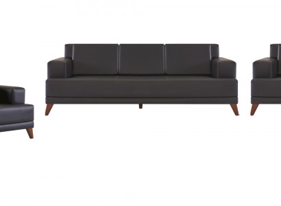 Ledercouch-Komplettset 3-Sëtz Sofa Stull Schwaarz Polster Këssen Modern