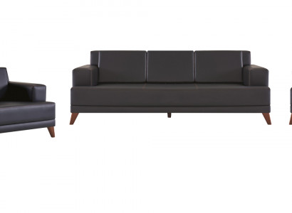 Ledersofa-Set 3-Sëtzer 2-Sëtzer 2x Sesselen Schwaarz Gepolstert Këssen Holz