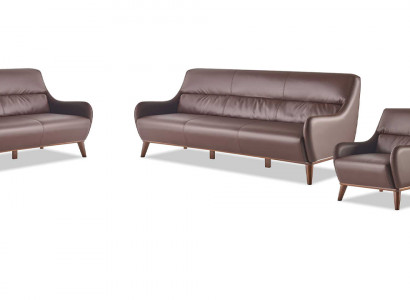 Ledersofas Komplett 3-Sëtzer 2x Fotell Klassesch Braun Lieder Holz Couch