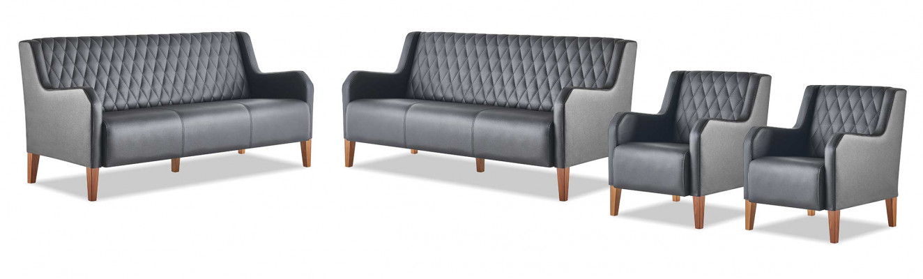 Ledercouch-Garnitur-Set 3-Sëtz Fautteuil Schwaarz Lieder Holz Modern