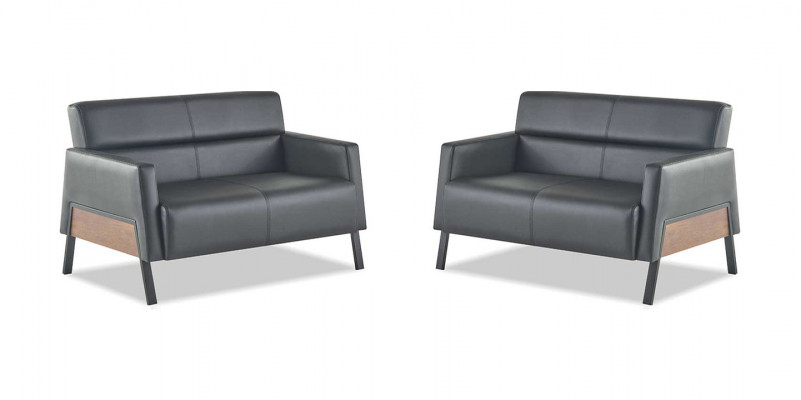 Ledersofa-Set 2-Sëtz Schwaarz Canapé Modern Lieder Edelstahl Holz Mëll