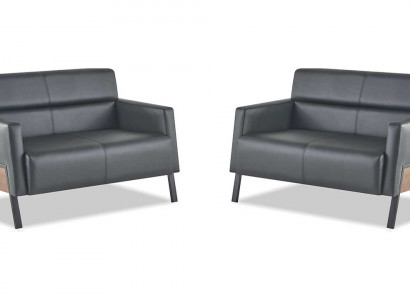 Ledersofa-Set 2-Sëtz Schwaarz Canapé Modern Lieder Edelstahl Holz Mëll