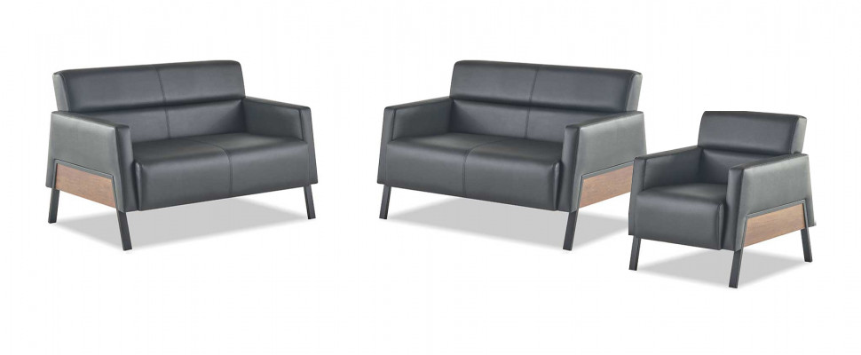 Modernt Set 2-Sëtz Still Schwaarz Ledersofas Couch Lieder Mëll Holz