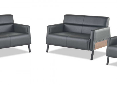 Modernt Set 2-Sëtz Still Schwaarz Ledersofas Couch Lieder Mëll Holz