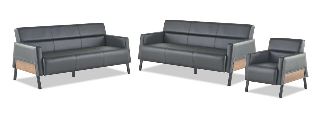 Sofas 3-Sëtzer Fotell Schwaarz Modern Sëtzgezei Sofa-Set Ledersofas Holz
