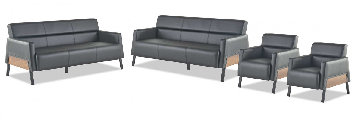 Sofa-Set 3-Sëtzer 2x Fauteuilen Schwaarz Ledersofa Modern Lieder Holz Mëll
