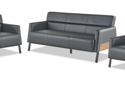 Sofa-Set 3-Sëtzer 2x Fauteuilen Schwaarz Ledersofa Modern Lieder Holz Mëll