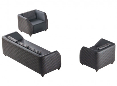 Léier-Couchen 3-Sëtzer Fotell Schwaarz Komplett Couch Modern Polster Këssen