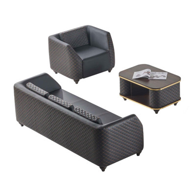 Canapé-Set 3-Sëtzer Fauteuil Couchtisch Schwaarz Brong Lieder Polster Holz