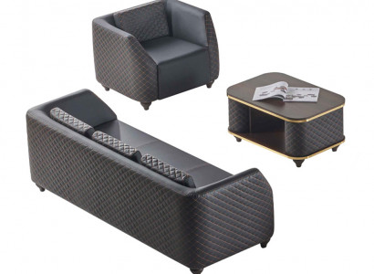 Canapé-Set 3-Sëtzer Fauteuil Couchtisch Schwaarz Brong Lieder Polster Holz