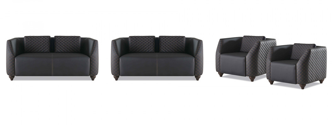 Sofa-Set Ledersofa 2-Sëtzer 2x Sessel Schwaarz Sitzmiwwel Modern Lehnsessel