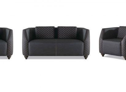 Sofa-Set Ledersofa 2-Sëtzer 2x Sessel Schwaarz Sitzmiwwel Modern Lehnsessel