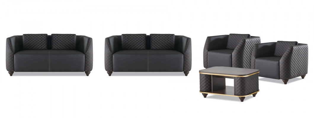 Sofa-Set 2-Sëtzer Fauteuil Couchtisch Schwaarz Braun Polster Lieder Këssen