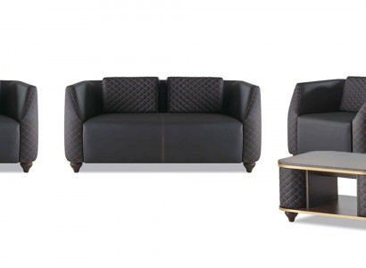 Sofa-Set 2-Sëtzer Fauteuil Couchtisch Schwaarz Braun Polster Lieder Këssen