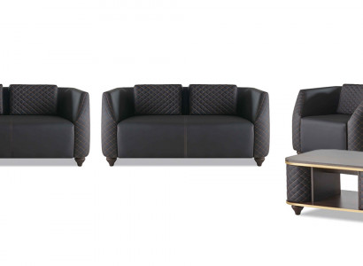 Komplett-Set 3-Sëtzer 2-Sëtzer Fauteuil Dësch Ledersofas Lieder Holz