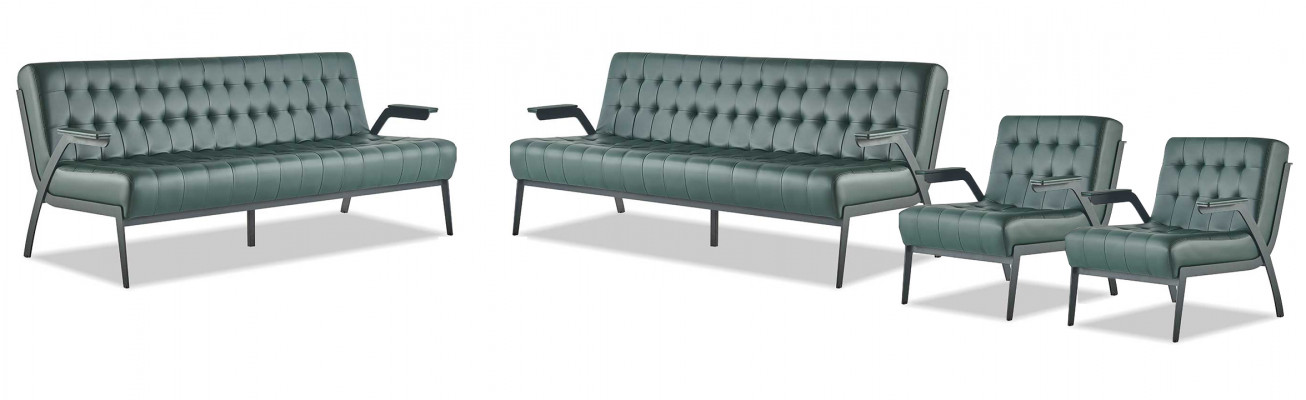 Sofagarnitur-Set 3-Sëtzer Fotell Gréng Chesterfield Modern Ledersofaen