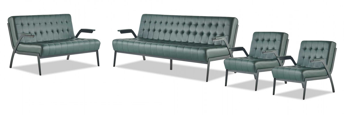 Ledersofaen Gréng Lieder Chesterfield Set 3-Sëtzer 2-Sëtzer Fauteuil Inox.