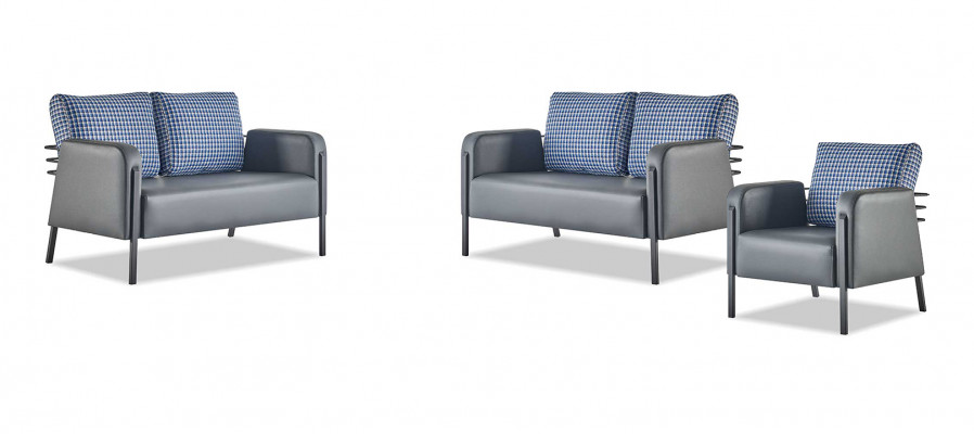 Komplett Leder-Canapé Set 2-Sëtzer Fauteuil Modern Gro Blo Lieder Textil