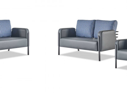 Komplett Leder-Canapé Set 2-Sëtzer Fauteuil Modern Gro Blo Lieder Textil