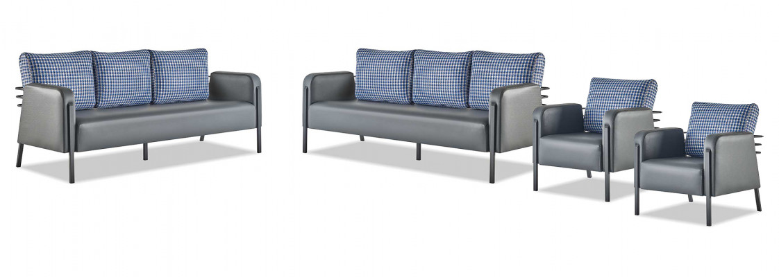 Sofazen Gepolsters Edelstahl Ledersofa-Set 3-Sëtzer Fauteuil Gro Blo Textil