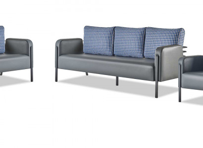 Sofazen Gepolsters Edelstahl Ledersofa-Set 3-Sëtzer Fauteuil Gro Blo Textil