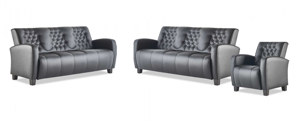 Lieder-Sofa-Set 3-Sëtzer Sëtzschwaarz Modern Canapé Lieder Holz Chesterfield