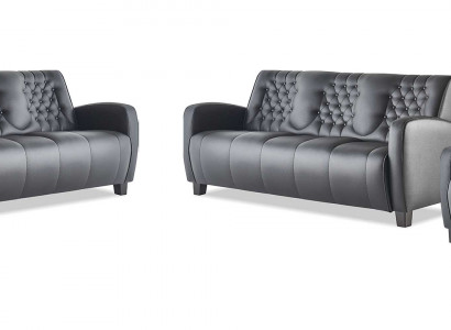 Lieder-Sofa-Set 3-Sëtzer Sëtzschwaarz Modern Canapé Lieder Holz Chesterfield