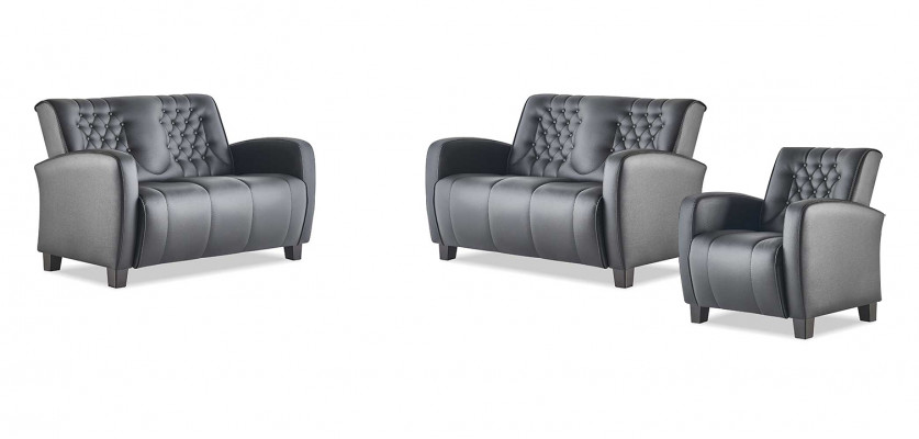 Ledercouch-Set 2-Sëtzer Fotell Chesterfield Couch Schwaarz Modern Knäppercher