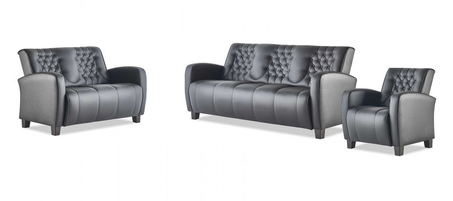 Komplett 3-Sëtzer 2-Sëtzer Sesselen Schwaarz Chesterfield Ledersofa-Set Sofas