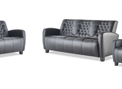 Komplett 3-Sëtzer 2-Sëtzer Sesselen Schwaarz Chesterfield Ledersofa-Set Sofas