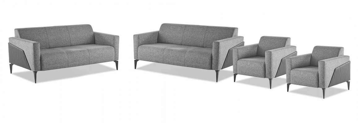 Sëtzmoebel Komplett Modern Set 3-Sëtzer Fauteuil Gro Textil Edelstahl Lieder