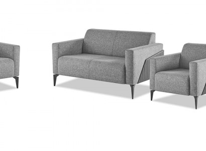 Komplett Sofa-Set Sofagarnitur 2-Sëtzer Fautteuil Gro Edelstahl Textil Holz