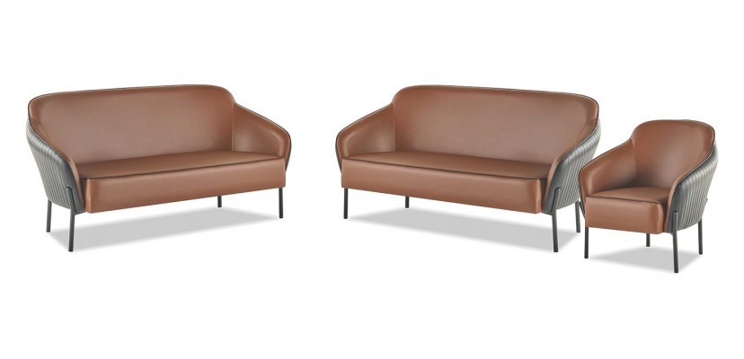 Soffagarnitur Lieder Edelstahl Set 2-Sëtzer Fotell Braun Schwaarz Lidersofas