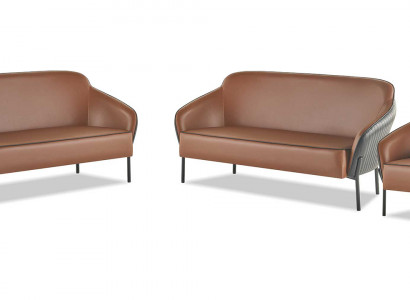 Soffagarnitur Lieder Edelstahl Set 2-Sëtzer Fotell Braun Schwaarz Lidersofas