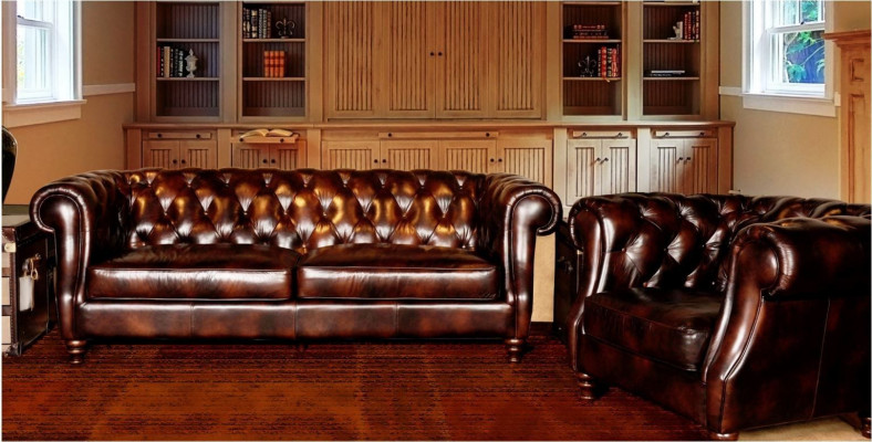 Chesterfield Grouss XXL Canapé Blackpool Canapé Kënschtlech Lieder Textil Polster Set.