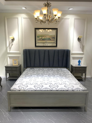 Design Schlofzëmmer 3-Teile Set: Bett, 2x Nuechtkommoden, Betten Set Holz Nuechtkommodi Grau