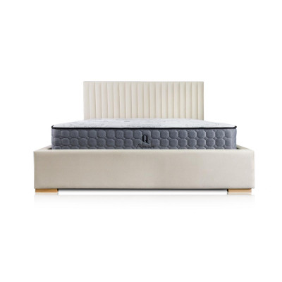 Bett Beige Duebelbett Holz Modern Elegantes Bett Polster Stoff Schlofzëmmer Nei