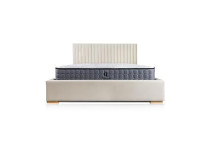 Bett Beige Duebelbett Holz Modern Elegantes Bett Polster Stoff Schlofzëmmer Nei