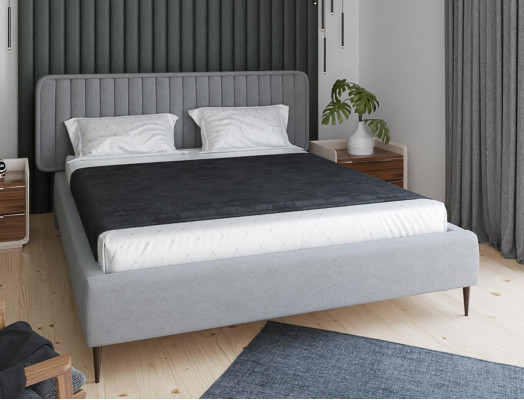 Bett Grau Duebelbett Schlofkummer Holz Miwwelen Design Elegantes Polster Stoff Neie