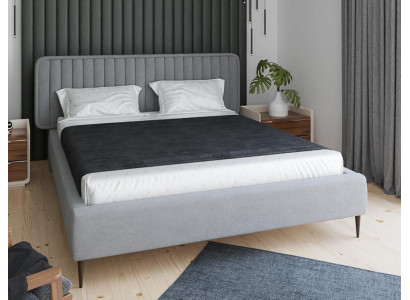 Bett Grau Duebelbett Schlofkummer Holz Miwwelen Design Elegantes Polster Stoff Neie