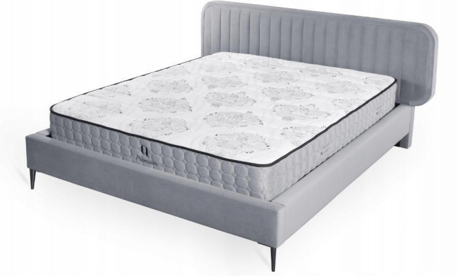 Bett Grau Duebelbett Schlofkummer Holz Miwwelen Design Elegantes Polster Stoff Neie