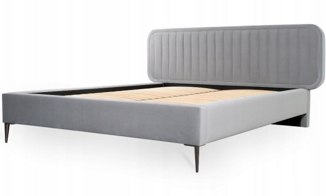 Bett Grau Duebelbett Schlofkummer Holz Miwwelen Design Elegantes Polster Stoff Neie