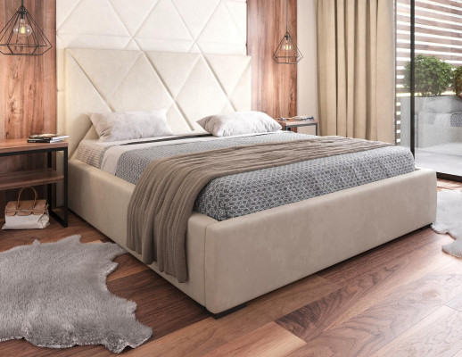Bett Beige Duebelbett Stil Elegantes Bett Polster Stoff Schlofzëmmer Modern Nei