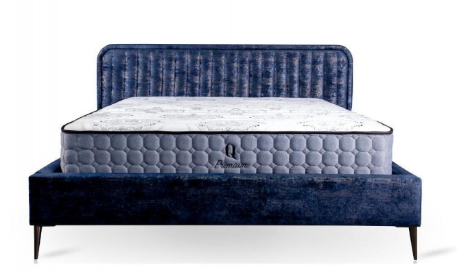 Bett Blo Duebelbett Schlofkummer Holz Miwwelen Design Eleganten Polster Stoff Neit