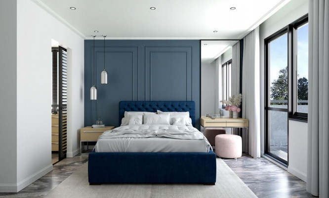 Bett Blo Modern Design Stoff Polster Schlofzëmmer Duebelbett Holz Elegantes Neit